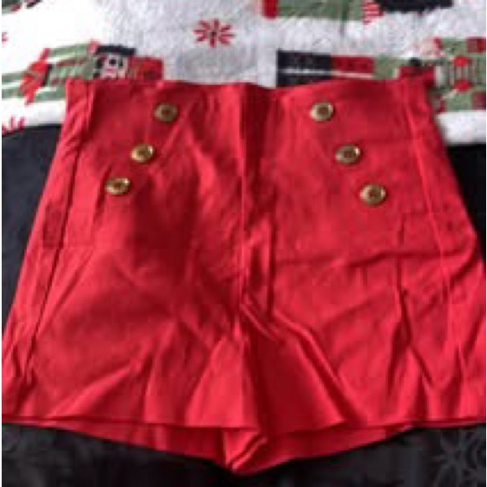 Red High-Waisted Shorts with Gold Buttons